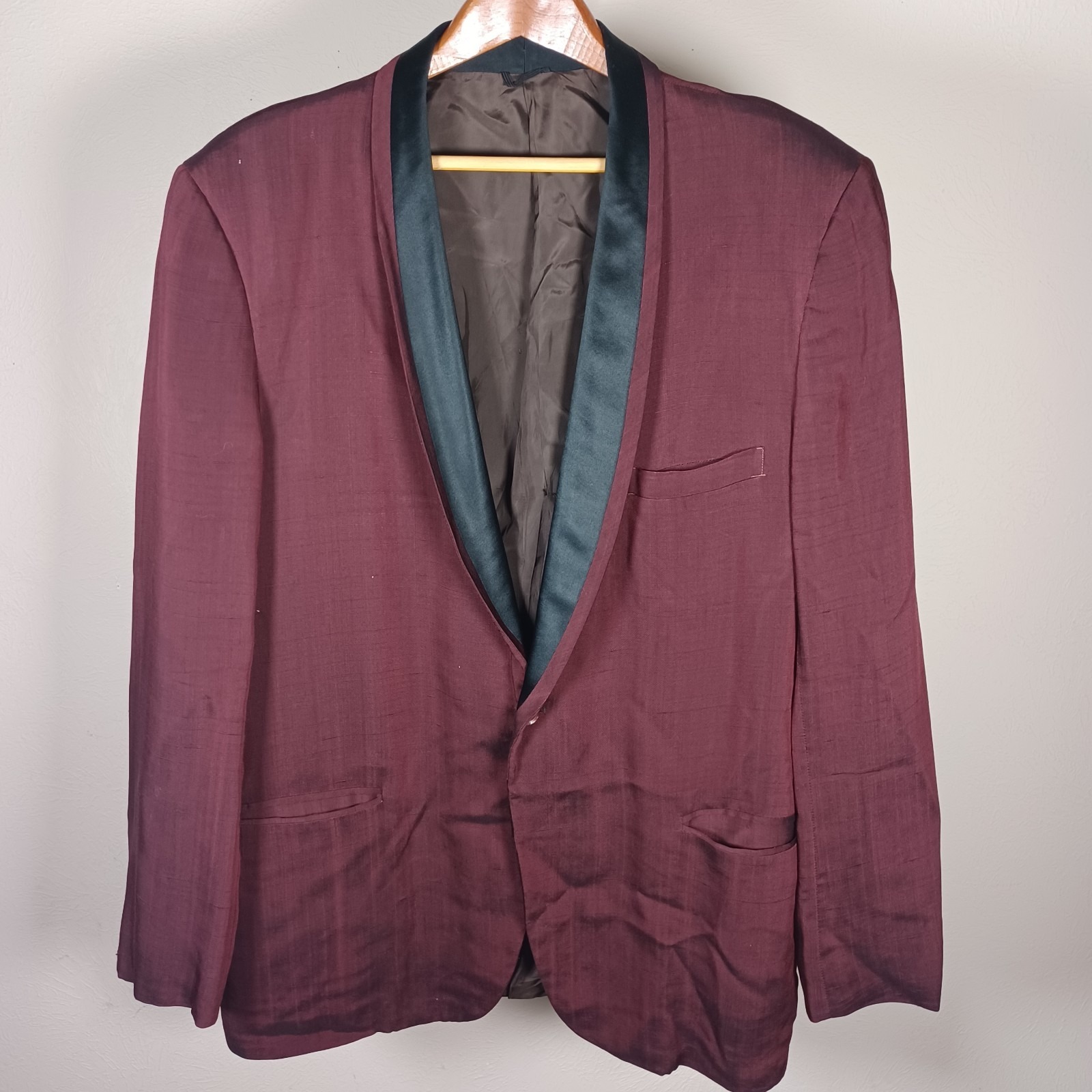 Vtg Mid Century Crimson Satin Evening Smoking Dinner Jacket Formal Shawl Jacket